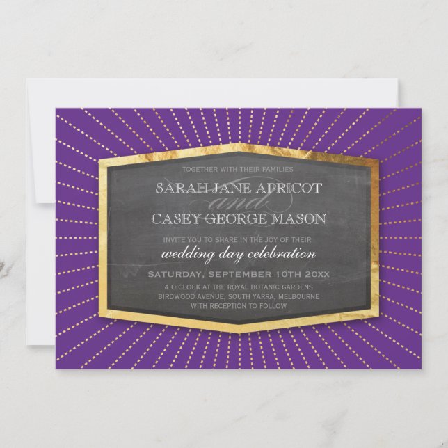 Invitation ART DECO MARIAGE or sunburst gris riche violet (Devant)