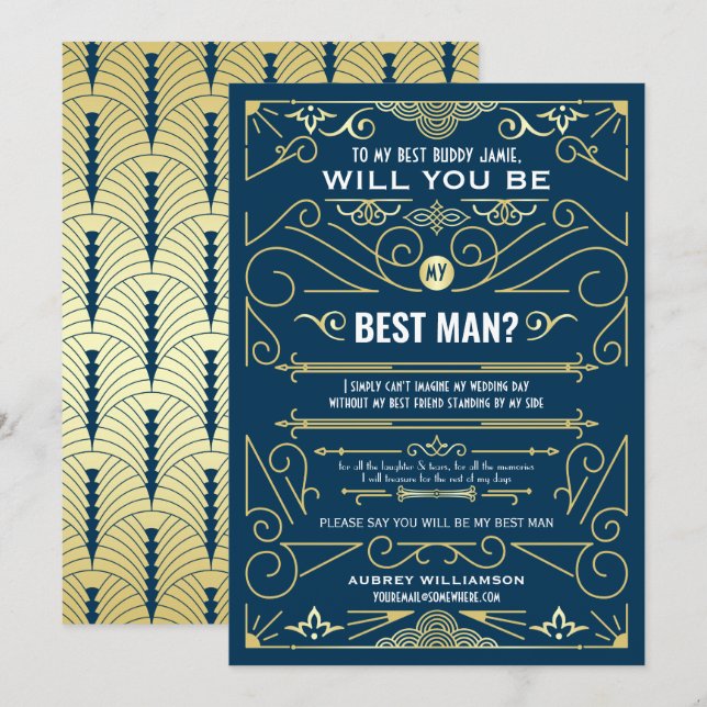 Invitation Art Déco Mariage Serez-Vous Mon Meilleur Homme Gol (Devant / Derrière)