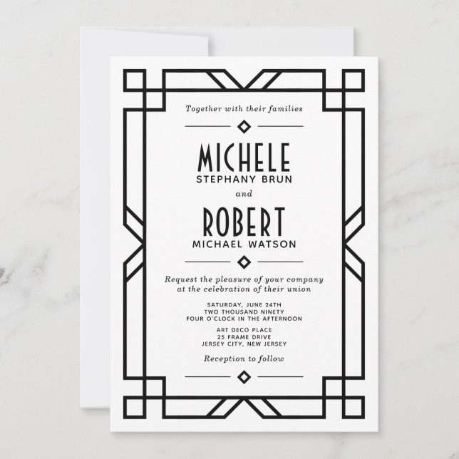 Invitation Art déco moderne Cadre noir Mariage blanc (Devant)