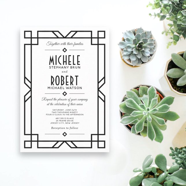 Invitation Art déco moderne Cadre noir Mariage blanc (Créateur téléchargé)