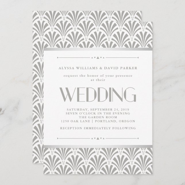 Invitation Art déco moderne | Elegant Mariage gris et blanc (Devant / Derrière)