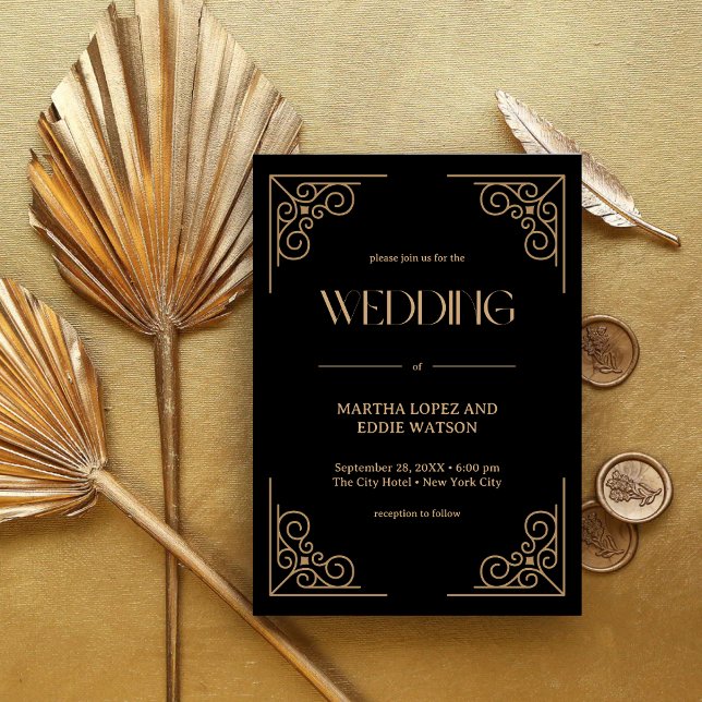 Invitation Art Déco Moderne | Mariage Élégant Noir et Or (Elegant black and gold wedding invitation creates a luxe, personalized first impression for guests)