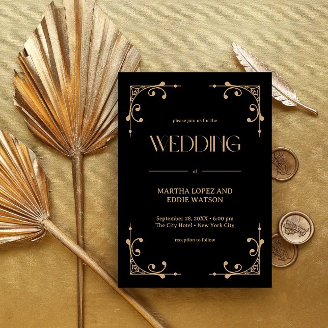 Invitation Art Déco Moderne | Mariage Élégant Noir et Or (Elegant black and gold wedding invitation adds a luxe, personalized feel for your special day)