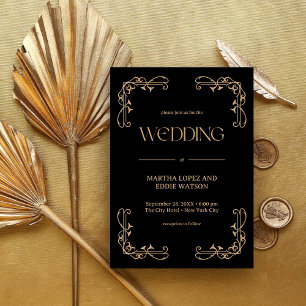 Invitation Art Déco Moderne   Mariage Élégant Noir et Or