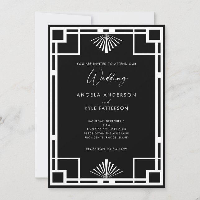 Invitation Art déco moderne Mariage noir et blanc (Devant)