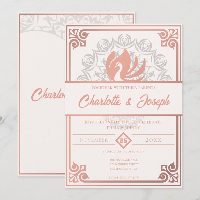 Invitation Art déco moderne Swan Blush Rose rose Mariage (Devant / Derrière)