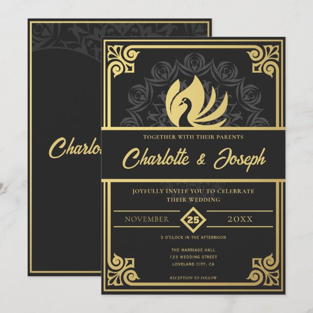 Invitation Art Déco moderne Swan Gold et Mariage noir (Devant / Derrière)