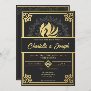 Invitation Art Déco moderne Swan Gold et Mariage noir