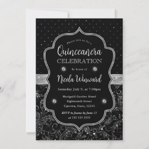 Invitation Art Déco noir et argenté pailleté Quinceanera