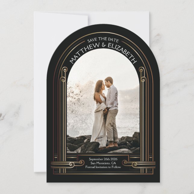 Invitation Art Déco Noir et Bronze Arch Save the Date (Devant)