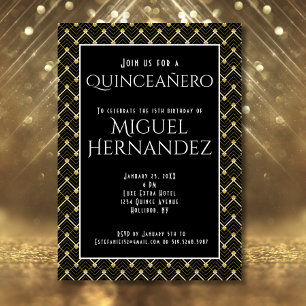 Invitation Art déco noir et or Quinceañero 15e anniversaire