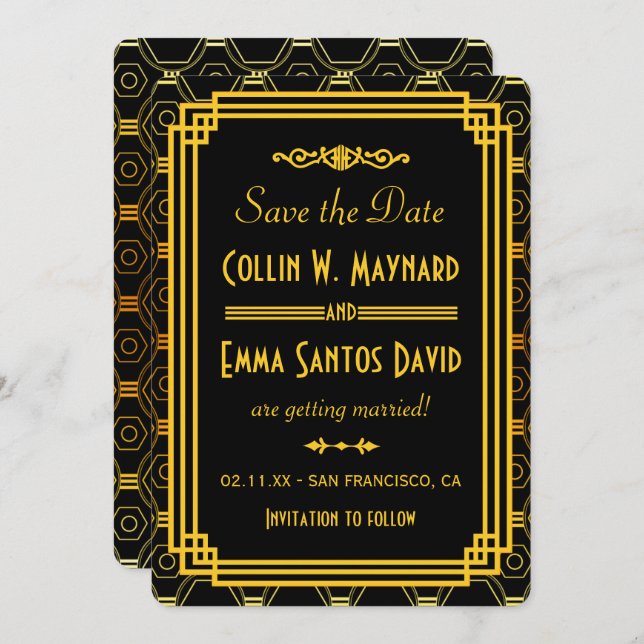 Invitation Art Deco noir et or Save The Date (Devant / Derrière)