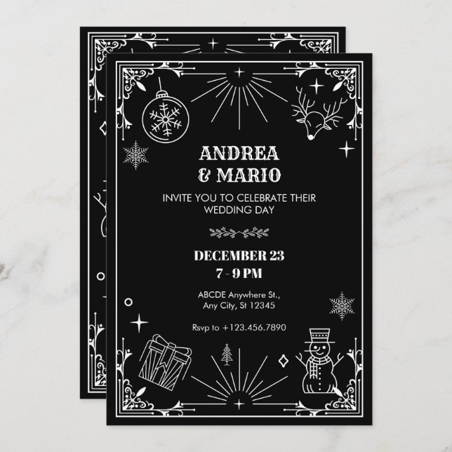 Invitation Art déco noir Noël ornement d'hiver mariage (Devant / Derrière)