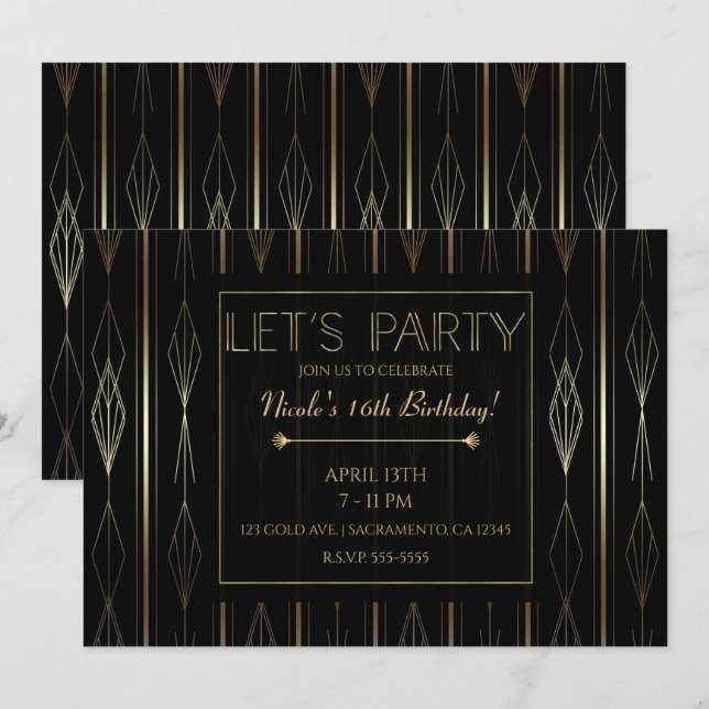 Invitation Art Déco Noir & Or Anniversaire Faisons la Fête (Devant / Derrière)