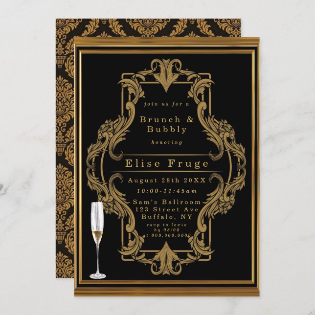 Invitation Art Deco Noir Or Royal Brunch & Bubbly (Devant / Derrière)