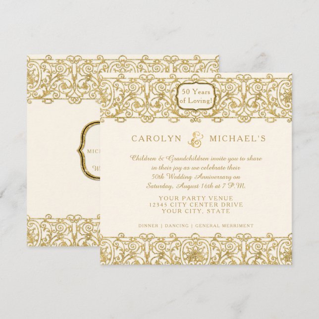 Invitation Art Déco Nouveau 50e Anniversaire Crème Dorée (Devant / Derrière)