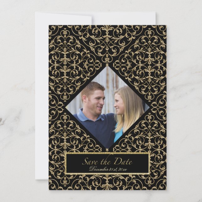 Invitation Art Déco Nouveau Dentelle Damas Golden Calligraphi (Devant)