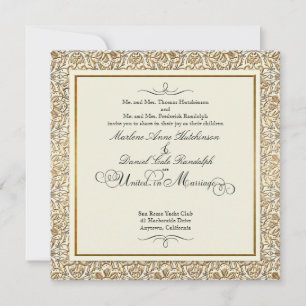 Invitation Art Déco Nouveau Faux Or Floral Damassé Dentelle
