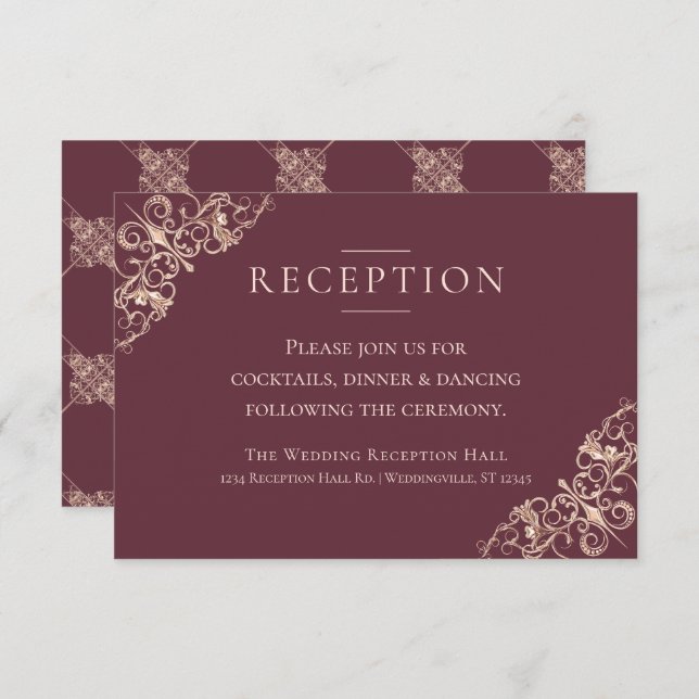 Invitation Art déco Nouveau | Réception or Rose Bourgogne (Devant / Derrière)