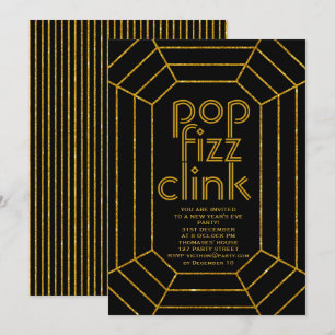 Invitation Art Déco or noir clic pop fiz Nouvel An