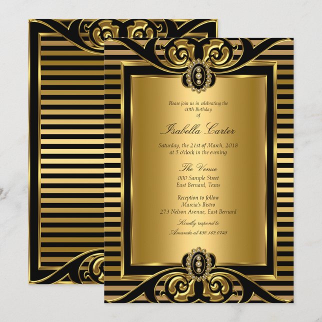 Invitation Art Déco Rayure Or Noir Fête d'anniversaire 2 (Devant / Derrière)
