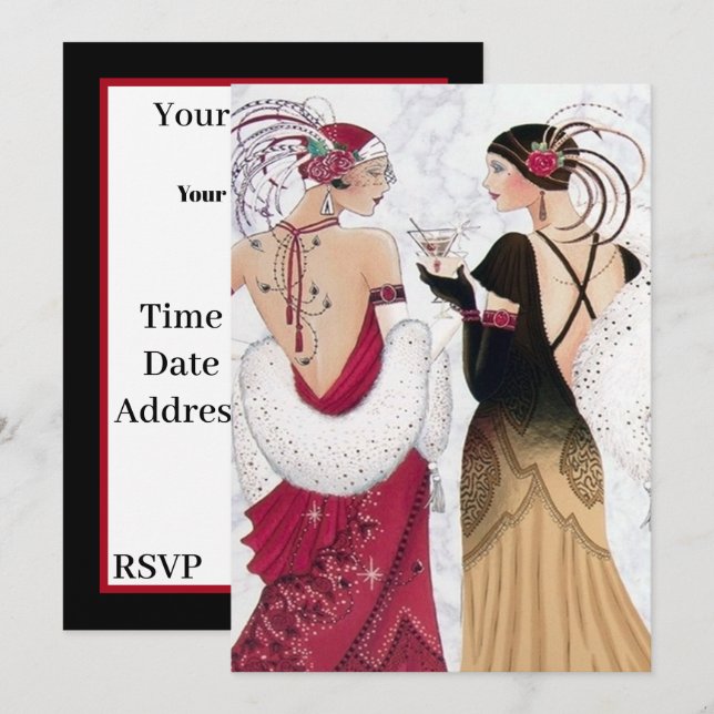 Invitation Art déco rétro vintage Christmas Ladies party (Devant / Derrière)