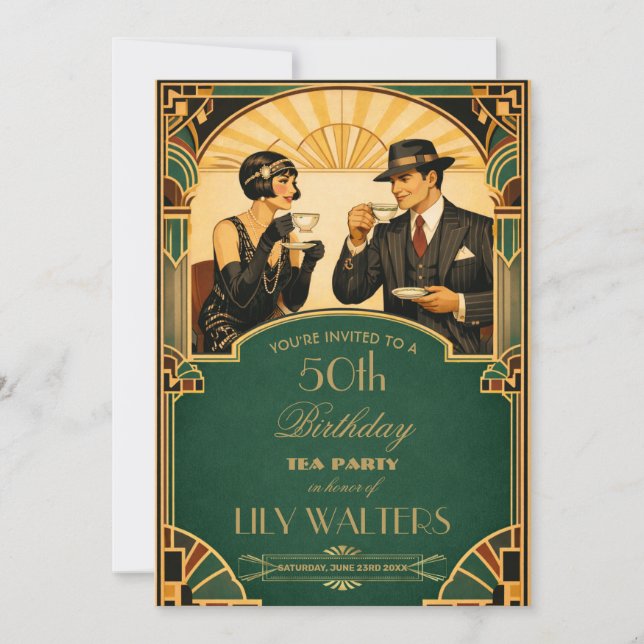 Invitation Art Deco Roaring 20s Gatsby Tea Birthday Party (Devant)