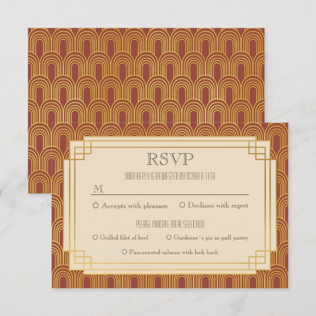 Invitation Art déco rouge rsvp (Devant / Derrière)