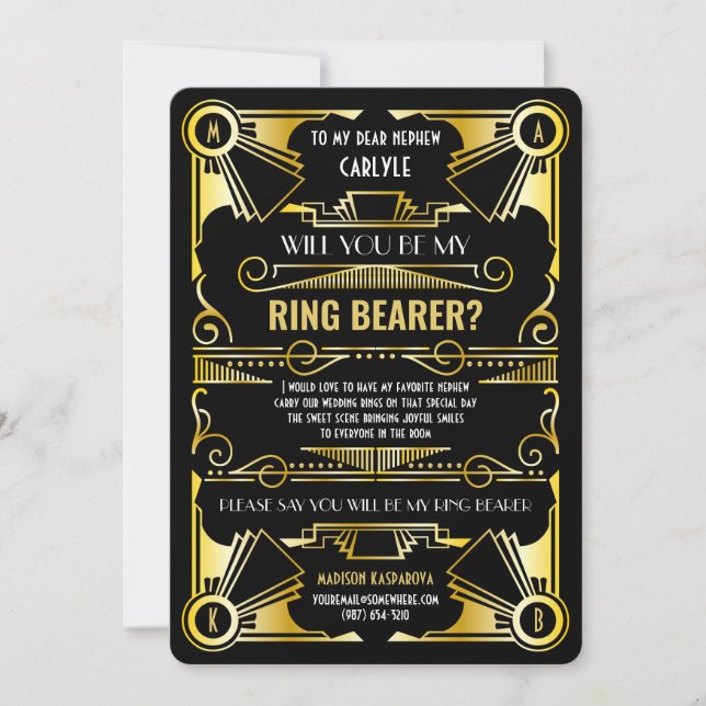 Invitation Art Déco Seras-Tu Mon Garçon D'Honneur Bague Or &  (Devant)