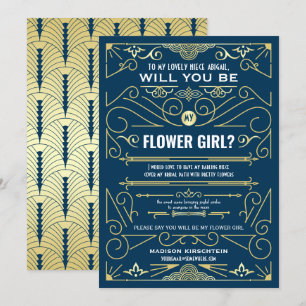 Invitation Art Déco Serez-Vous Ma Fille Fleur Gold Dark Blue