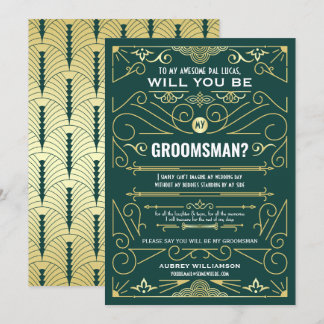 Invitation Art Déco Serez-Vous Mon Groomsman Gold Green