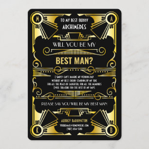 Invitation Art Déco Serez-Vous Mon Meilleur Homme Or & Noir