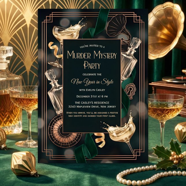 Invitation Art Deco Speakeasy Murder Mystery New Year Party (Speakeasy Murder Mystery New Year – Art Deco Black & Gold, Champagne, Personalized)