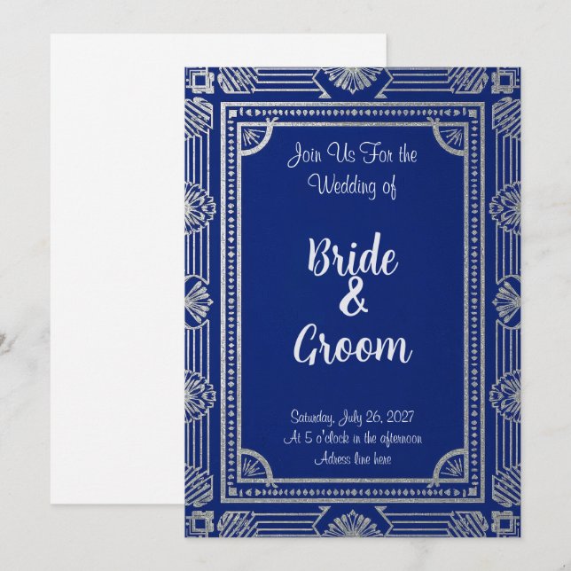 Invitation Art Déco style Gatsby – Bleu Nuit et Mé (Devant / Derrière)