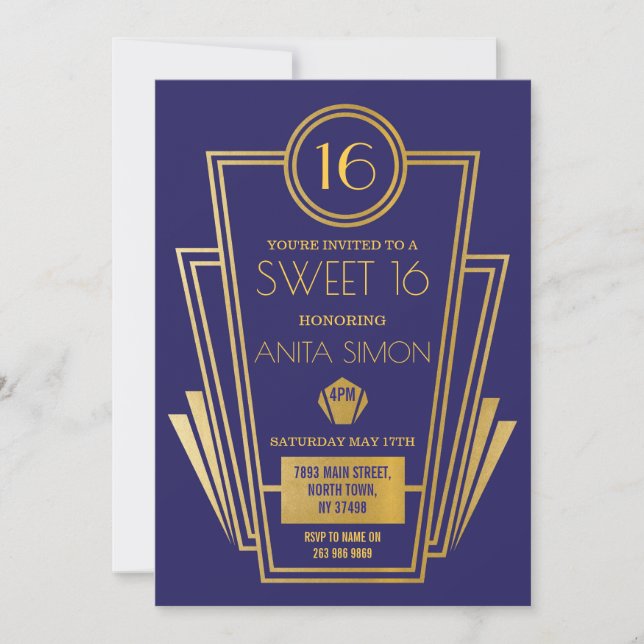 Invitation Art Déco Sweet 16 Anniversaire de la Gatsby Gold (Devant)