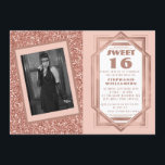Invitation Art Déco Sweet 16 Rose Gold Parties scintillant Ga<br><div class="desc">Célébrez dans le style avec l'élégant Gatsby art déco Rose Gold Sweet 16 Design inspiré. Des articles de papeterie et des articles de fête correspondants sont disponibles en magasin. Veuillez noter que la photo est un espace réservé que le modèle est configuré pour ajouter votre propre photo.</div>