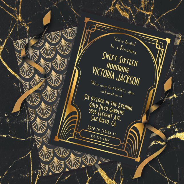 Invitation Art Déco Sweet sixteen Anniversaire Gold & Black (Créateur téléchargé)