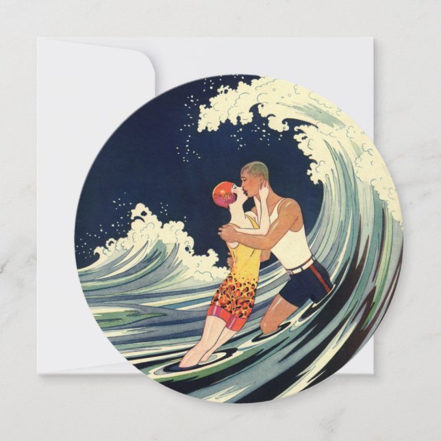 Invitation Art déco vintage, baiser des amoureux à la plage M (Devant)