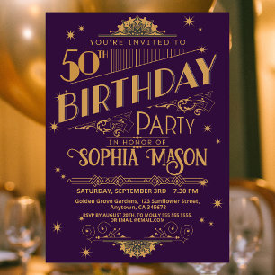 Invitation Art déco violet et or 50e anniversaire