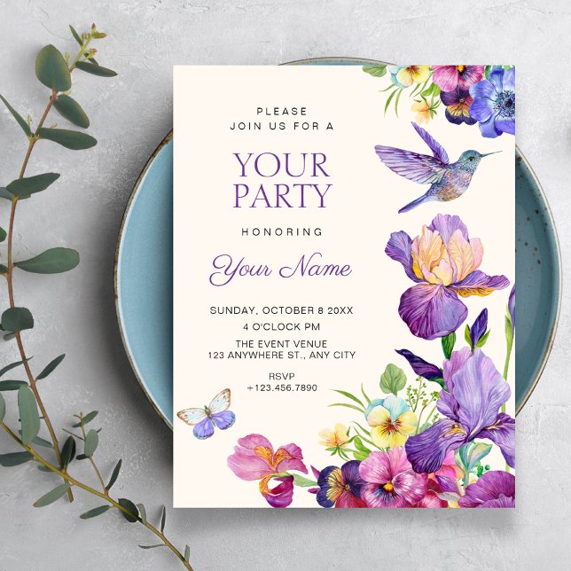 Invitation Art élégant d'oiseau à fleurs violettes  (Créateur téléchargé)