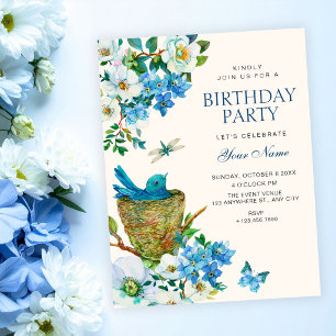 Invitation Art élégant d'oiseau floral bleu pour anniversaire