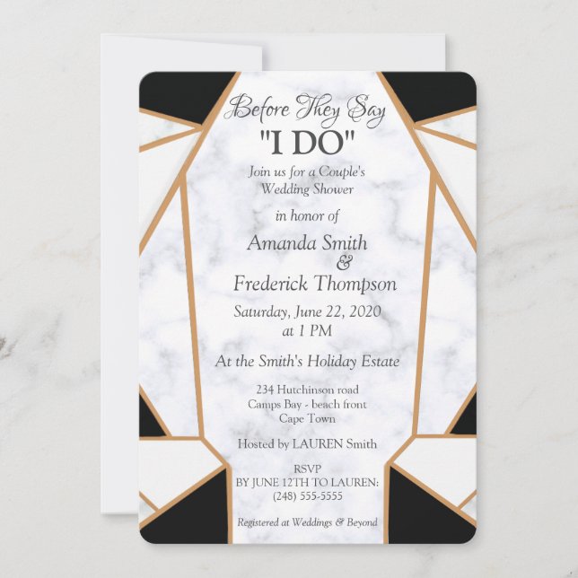Invitation Art en or noir \ Mariage sous la douche en marbre  (Devant)