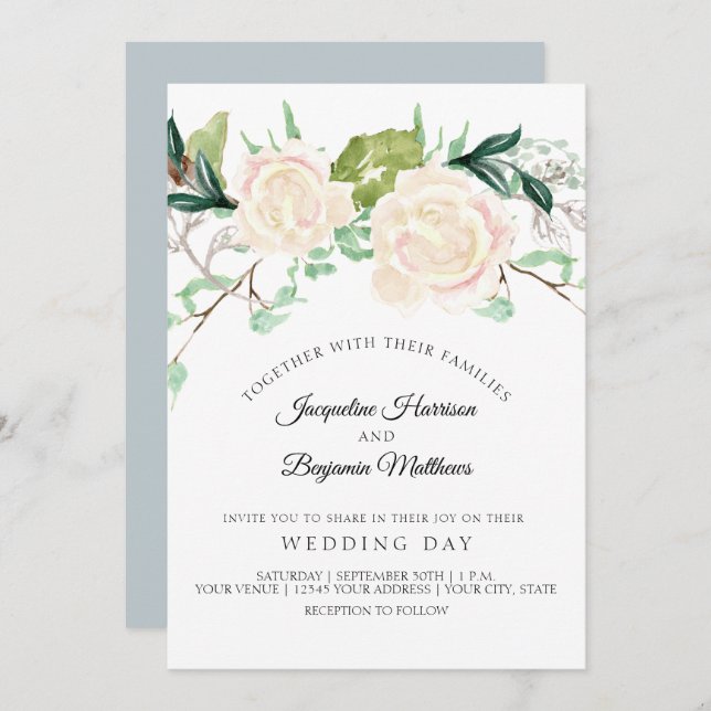 Invitation Art floral aquarelle élégant moderne Rose ivoire (Devant / Derrière)