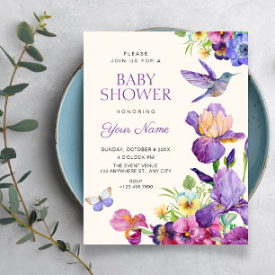 Invitation Art floral oiseau pourcadeau de bébé élégant viole