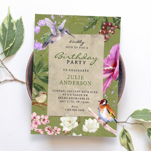 Invitation Art floral oiseau rustique vert anniversaire