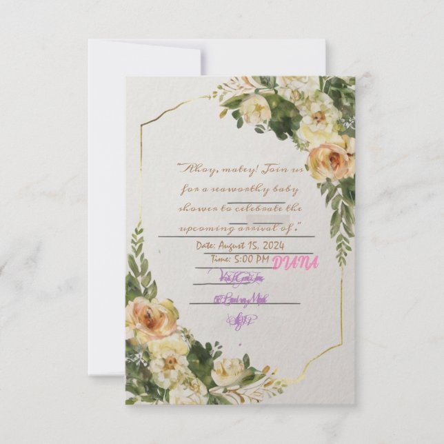 Invitation art floral pastel AVEC TWIGS LEVES BABY GIRK SHOWE (Devant)