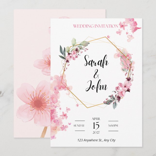 Invitation Art géométrique hexagonal doré à fleurs roses (Devant / Derrière)
