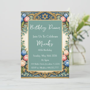 Invitation Art Ketubah Tulipes Vintage Bleu Rose Floral Rétro