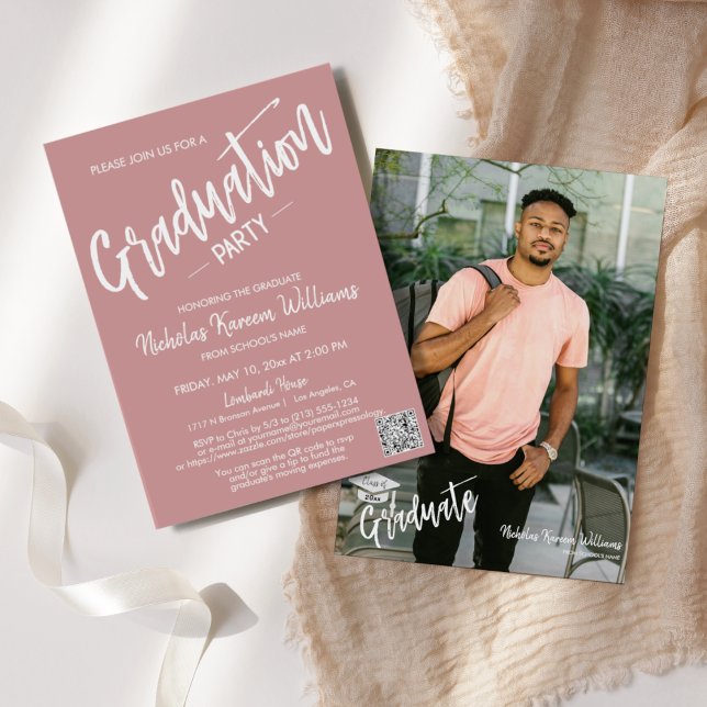 Invitation Art moderne Dusty rose QR Code Photo Graduation Pa (Créateur téléchargé)