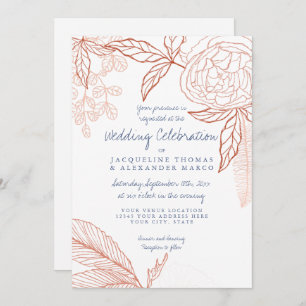 Invitation Art Moderne Ligne Florale Peony Leaf Marine Orange